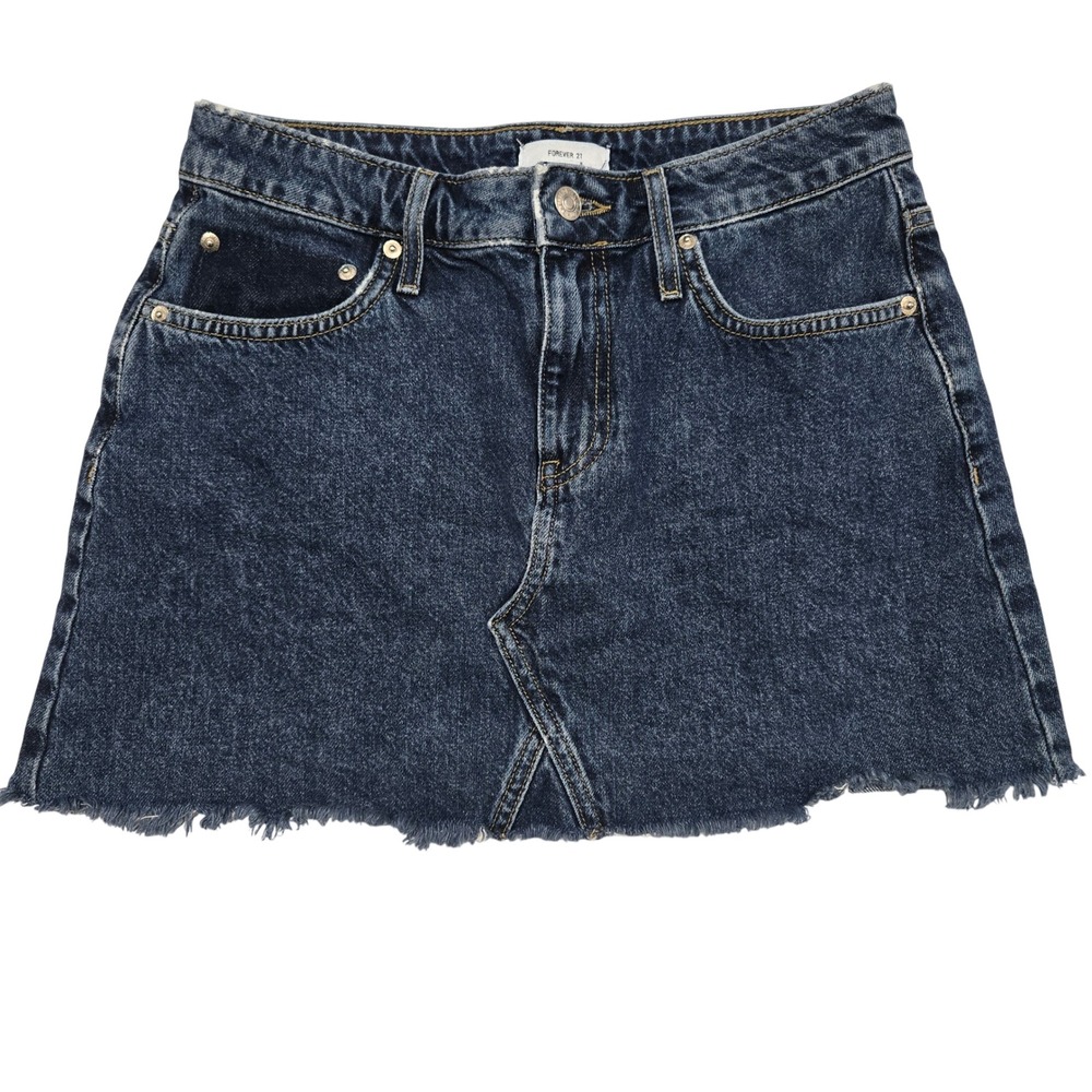 Forever 21 Dark Wash Denim Mini Skirt Raw Hem Blue 100% Cotton Womens Size Med - Picture 1 of 6